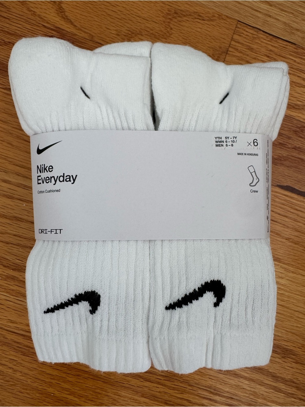 Nike White Crew Socks youth Medium 5y-7y with Black Swoosh - 6 Pack